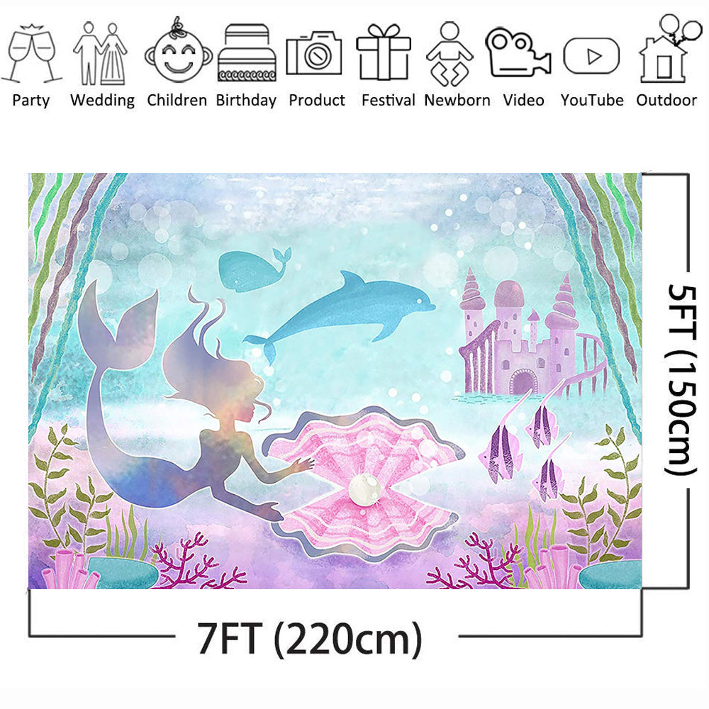 Mermaid Backdrop Fish Castle Coral Pearl Undersea Birthday Party Custom Backdrop Fund Camera Photographic Professional
