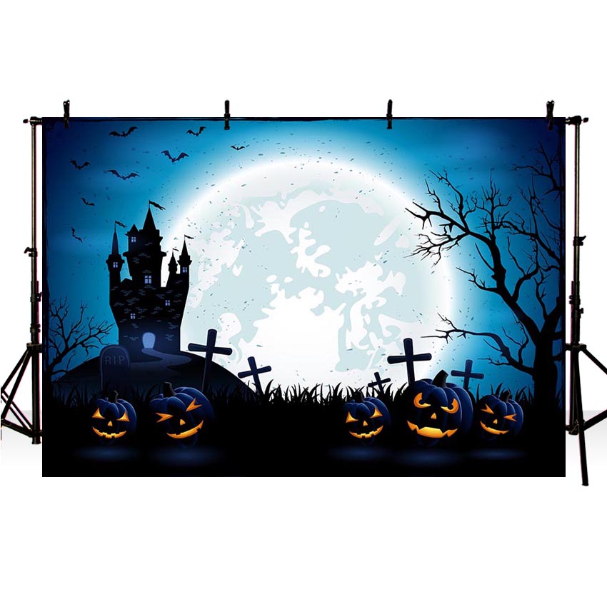 Fondo de fotografía Halloween calabaza Horrible casa embrujada luna llena murciélagos decoración foto estudio telón de fondo sesión fotográfica