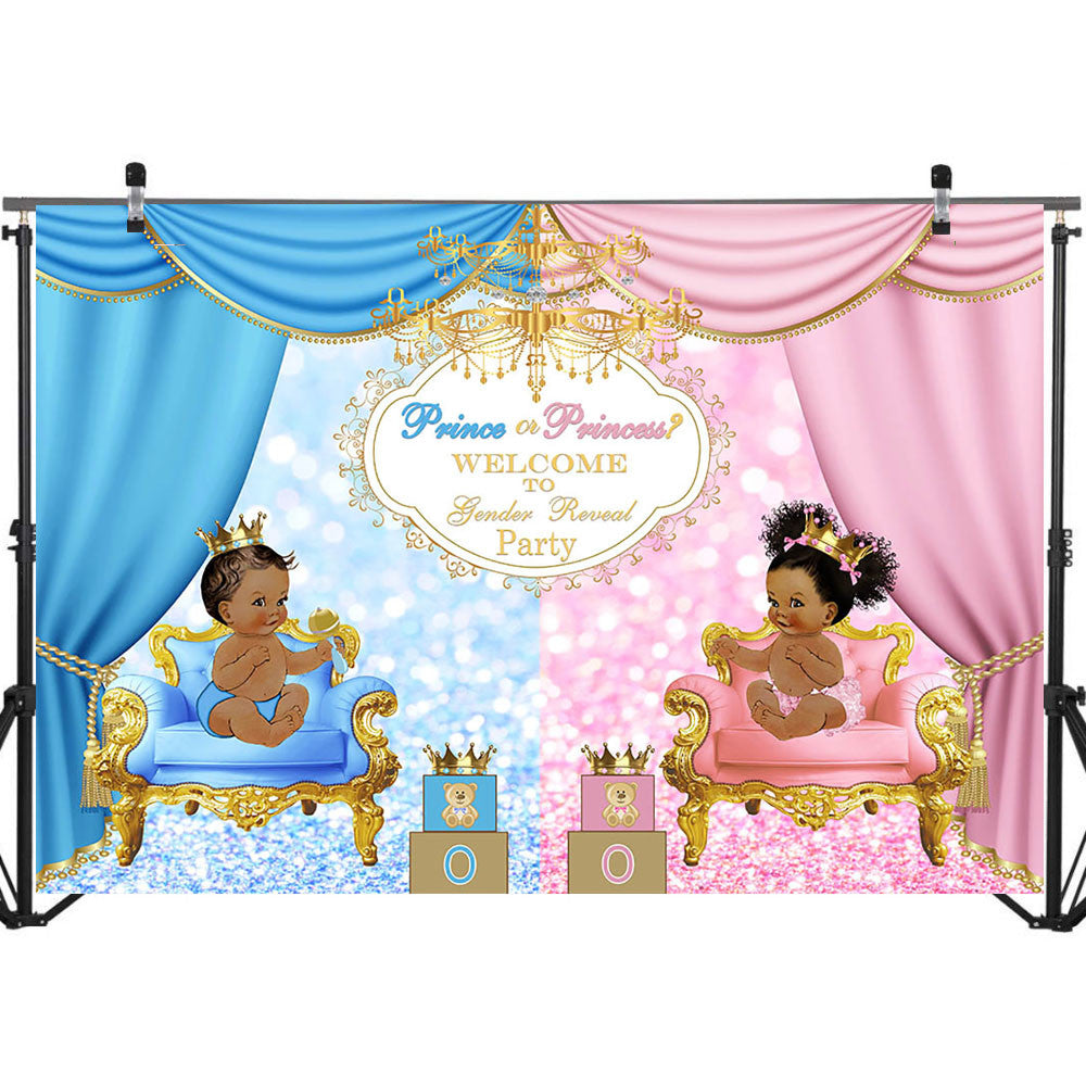 Royal Celebration Gender Reveal Backdrop Welcome Prince or Princess Baby Shower Party Photo Backdrop Blue or Pink Background