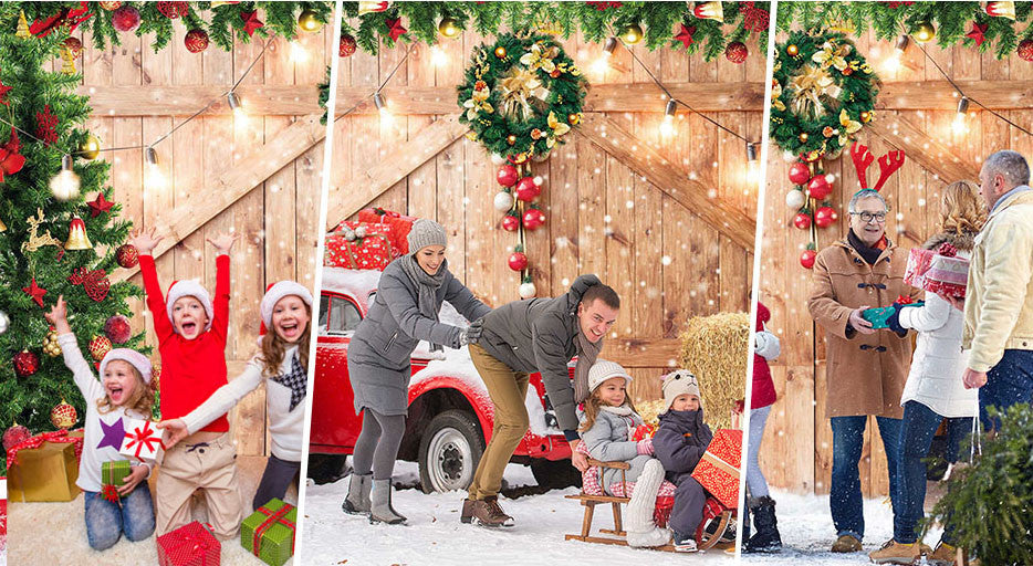 Rustic Christmas Barn Wood Door Backdrop for Photography Xmas Tree Sno