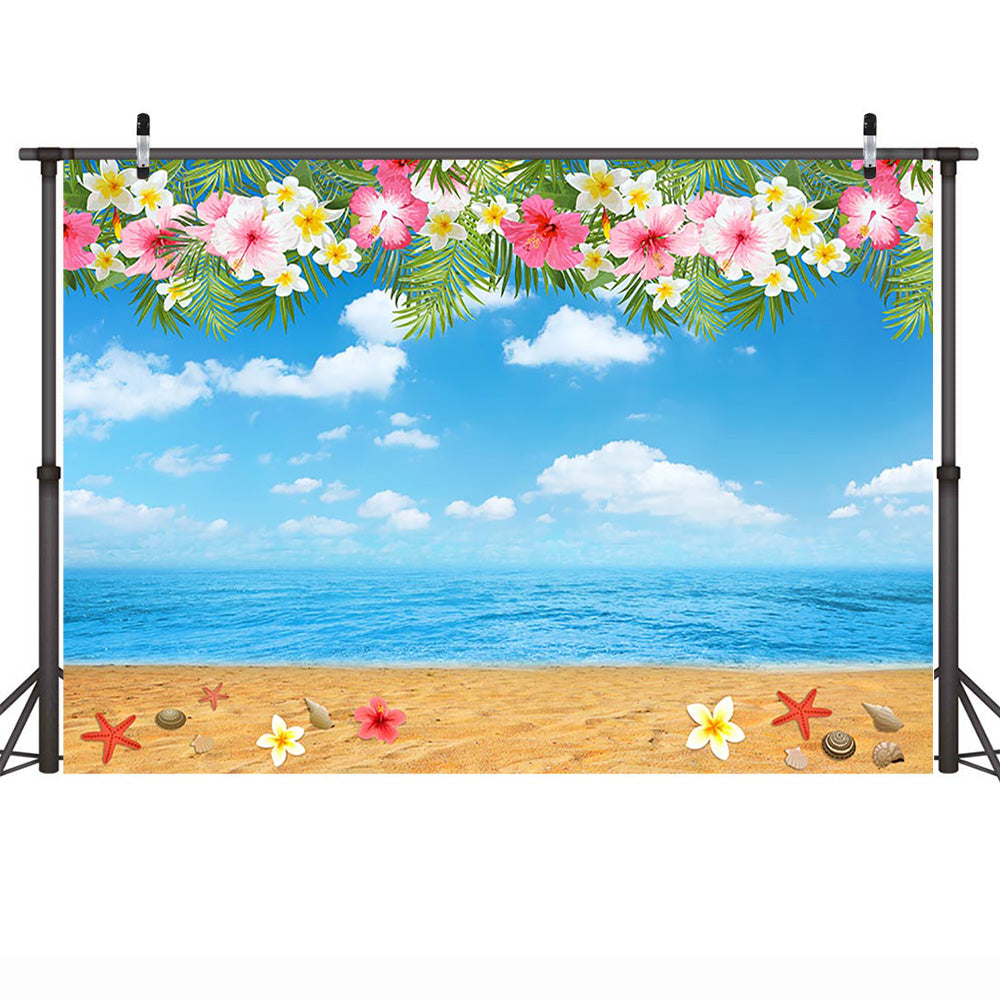 Summer Beach Photography Backdrop Hawaiian Luau Aloha Theme Birthday Photo Background Blue Sky White Clouds Flowers