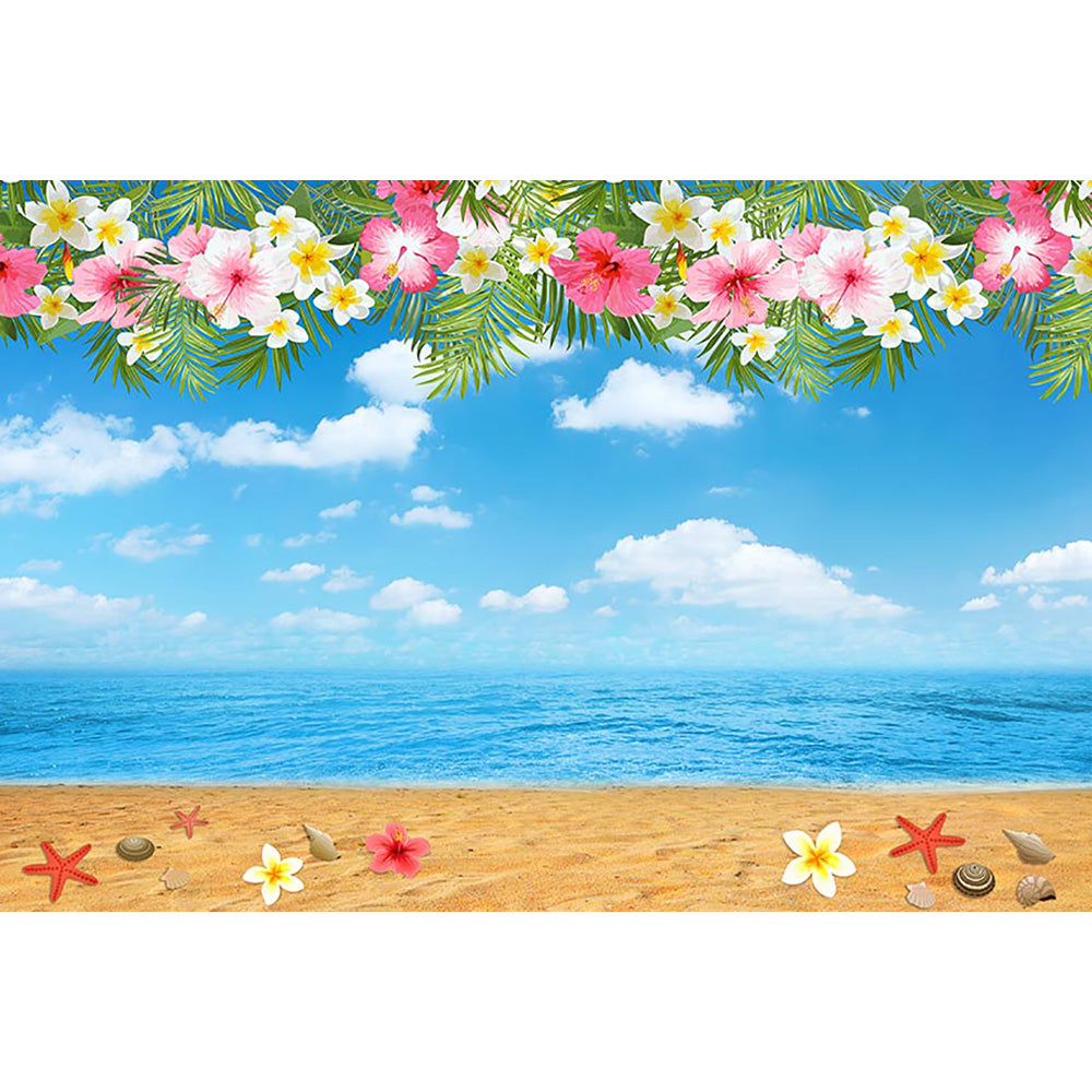 Summer Beach Photography Backdrop Hawaiian Luau Aloha Theme Birthday Photo Background Blue Sky White Clouds Flowers