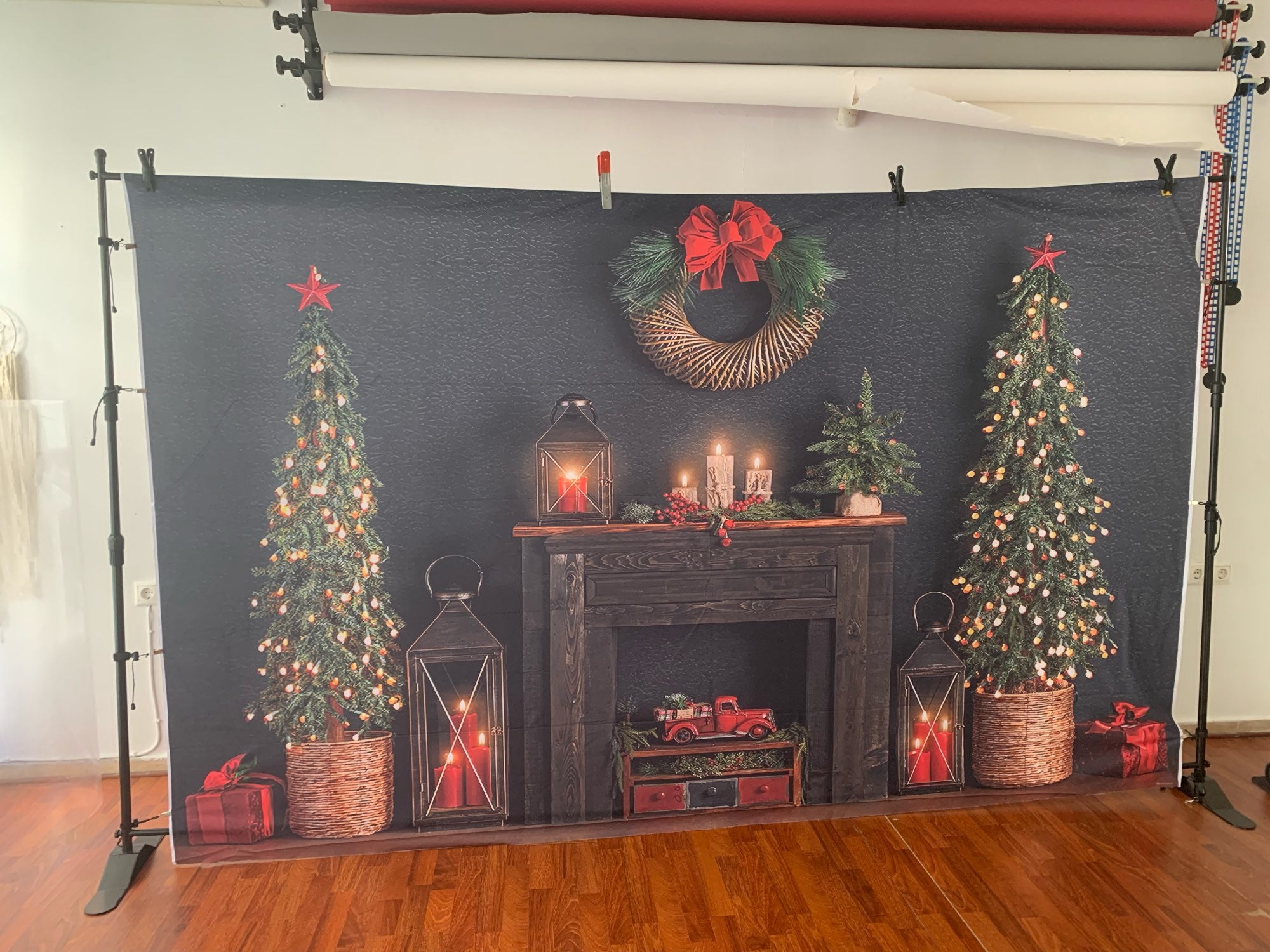 Christmas Photography Background Party Birthday Newborn Backdrop Fireplace Christmas Tree Wreath Child Decoration Photo Studio