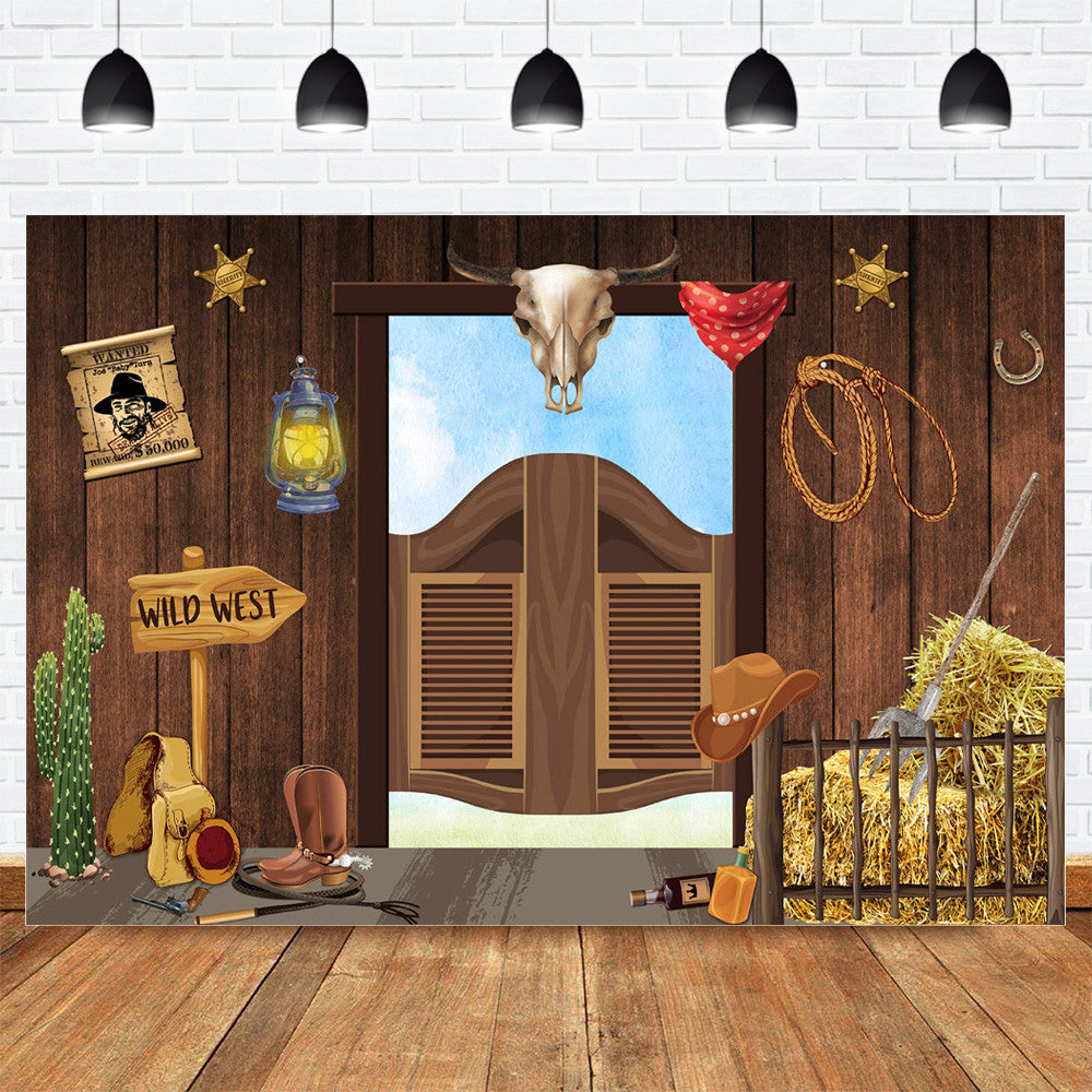 Fondo de fiesta del Salvaje Oeste, Fondo de cumpleaños de vaquero occidental, cartel para fiesta de cumpleaños de Sheriff, fondos de decoración para sesión fotográfica