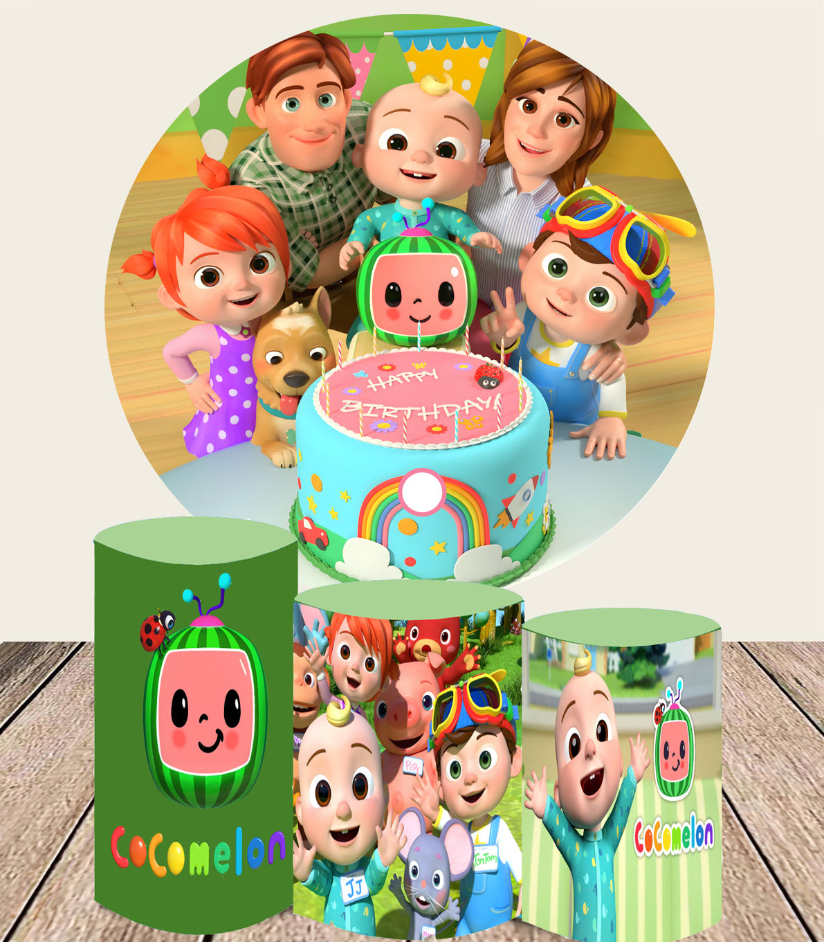 Custom Cocomelon Round Backdrop Kids Birthday Cylinder Plinth Covers