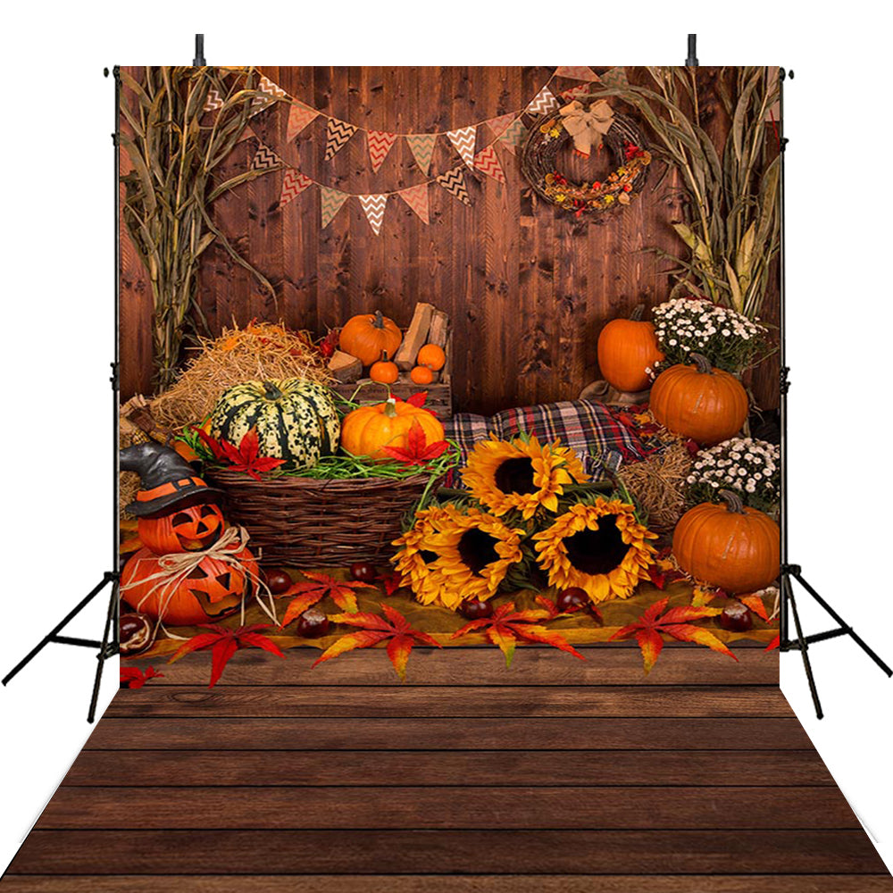 Toile De Fond Photo Automne/Thanksgiving 3x2.5m - Motif Vintage Bois, Bottes De Foin, Citrouilles