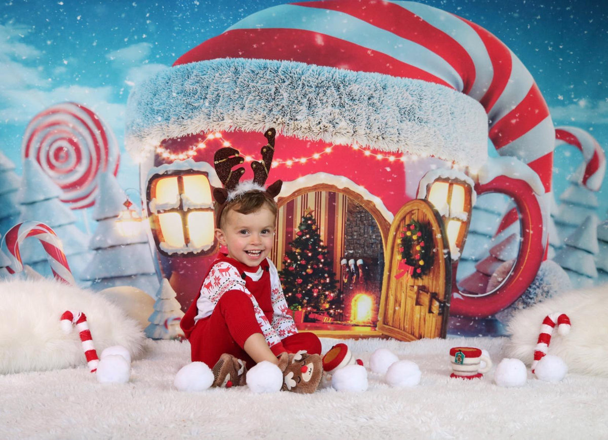 Navidad Whoville Candy Canes House Telón de fondo Invierno Nieve Cuento de hadas Copo de nieve Decoración de fiesta de Navidad Bebé Niños Fotografía de fondo