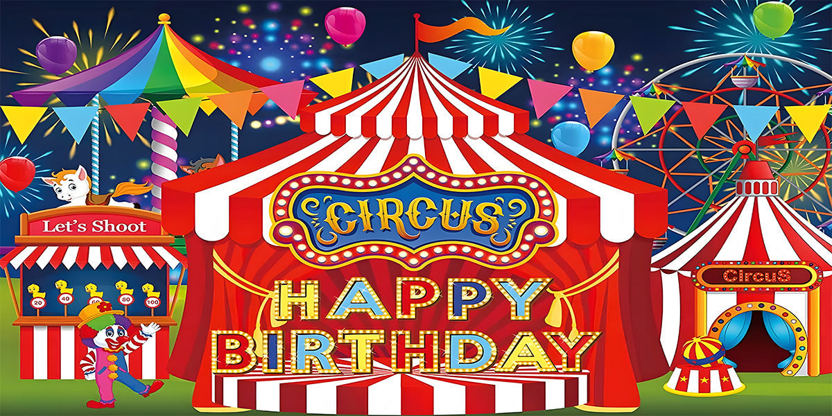 Throw a wonderful circus carnival party! Big top round backdrop with matching plinths. Premium reusable photo background for kids birthday & cake smash photography.