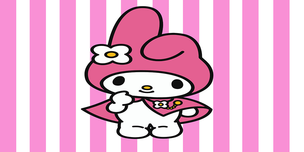 Throw a wonderful Sanrio party! Arched backdrop with matching plinths. Premium reusable photo background for kids birthday & cake smash photography, featuring cute My Melody & Kuromi.