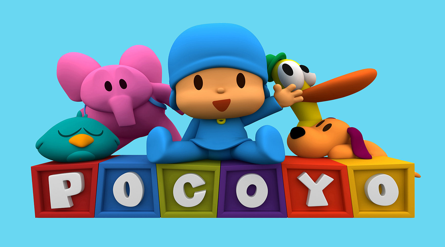 Set decorativo de Pocoyo: fondo circular y tres fundas para columnas con personajes clásicos, ideal para fiestas infantiles de cumpleaños, tela reutilizable para fotos y cake smash.