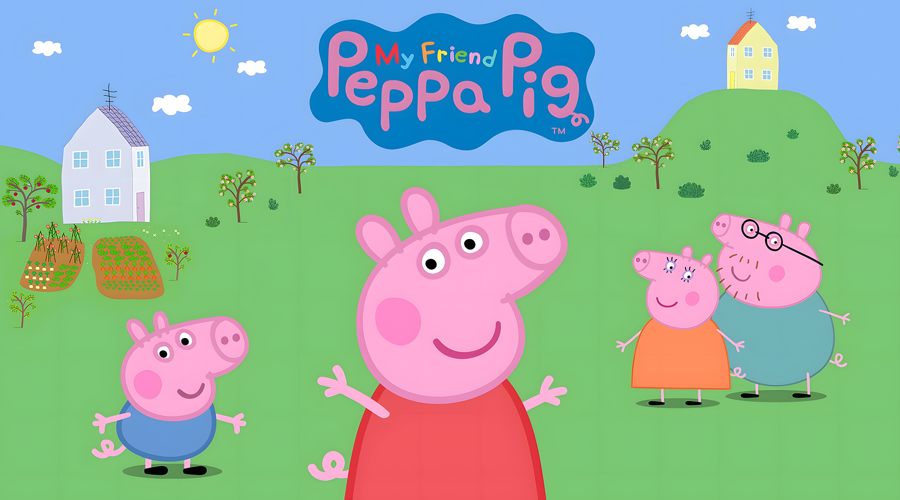 Set decorativo de Peppa Pig: fondo circular y tres fundas para columnas con diseños de Peppa, George y flores, ideal para fiestas infantiles de cumpleaños, material reutilizable y envío rápido.