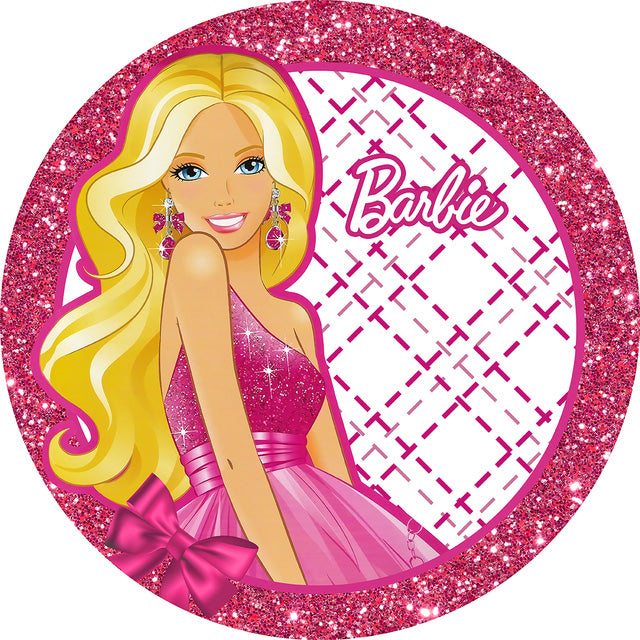 Arrière-plan rond rose personnalisé Barbie, couverture de fond circulaire pour fête d'anniversaire, couverture de plinthe cylindrique 