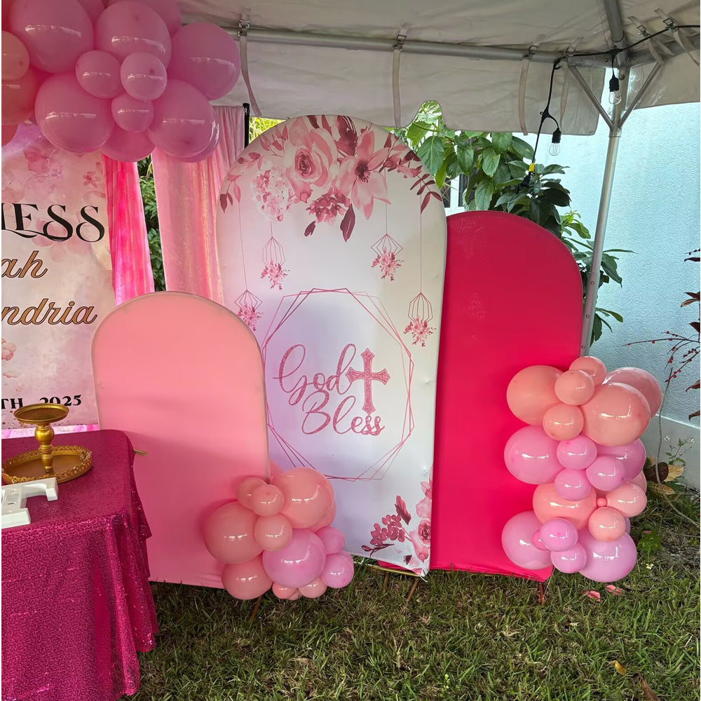 Customize Baby Shower Birthday Photo Background Arch Chiara God Bless Theme Background Double Side Elastic Covers