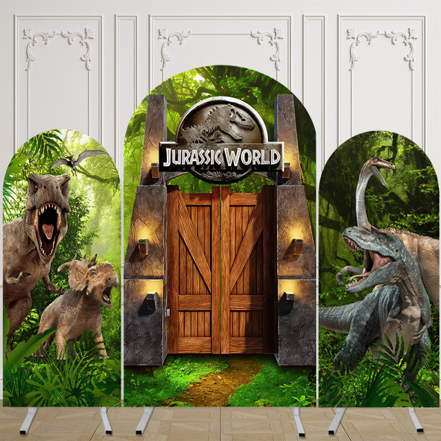 Customize Size Photo Background Jurassic Park World Dinosaur Birthday Party Cover Theme Arch Background Double Side Elastic Covers
