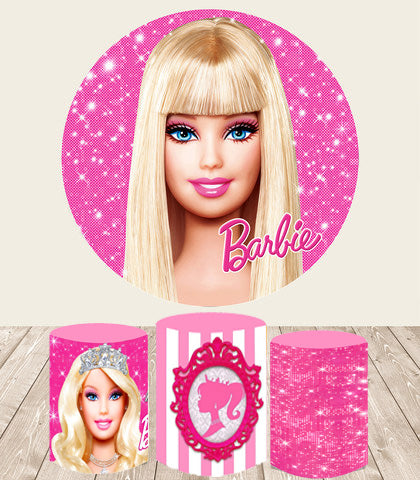 Personalizar Barbie fondos redondos rosa fiesta de cumpleaños fondo circular cubiertas de cumpleaños cubiertas de pedestal cilíndrico 