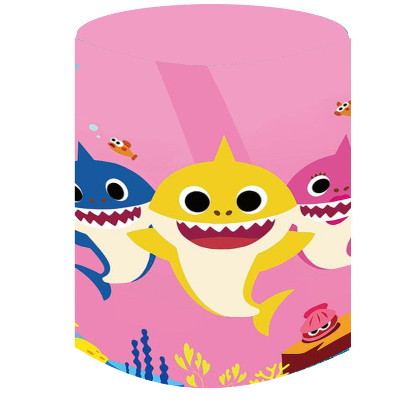 Customize Shark Round Backdrop Pink Ocean Underwater Fish Girls Birthday Party Circle Background Cylinder Plinth Covers