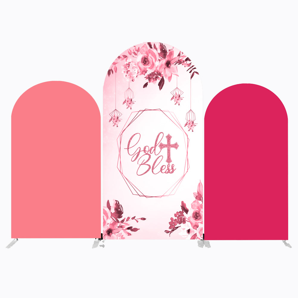 Custom God Bless Photo Backdrop Pink for Baby Girl Arch Double Side Elastic Covers