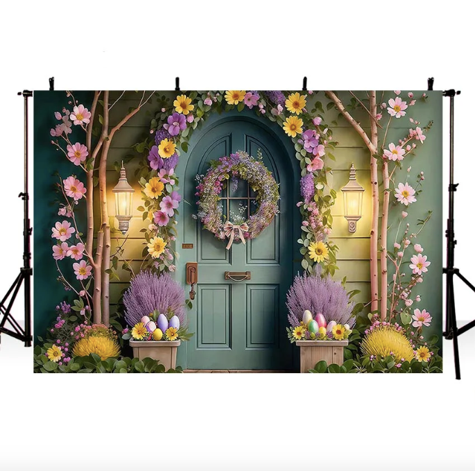 Customize Photography Background Spring Easter Bunny Decoration Flower Green Wall Children Portrait Photo Backdrop Photoshoot Prop
