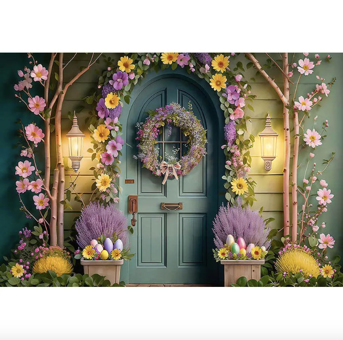 Customize Photography Background Spring Easter Bunny Decoration Flower Green Wall Children Portrait Photo Backdrop Photoshoot Prop