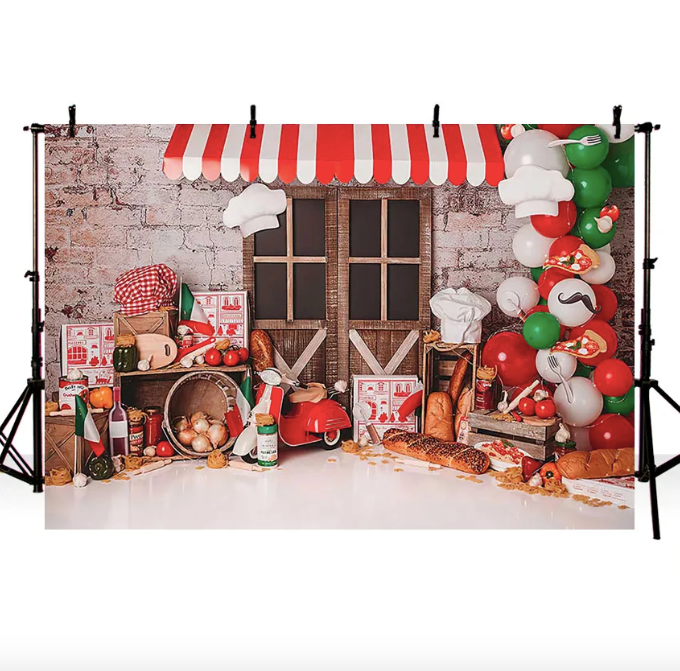 Photography Background Delicious Pizza Shop Food Chef Balloon Retro Brick Wall Child Family Party Backdrop Photo Studio