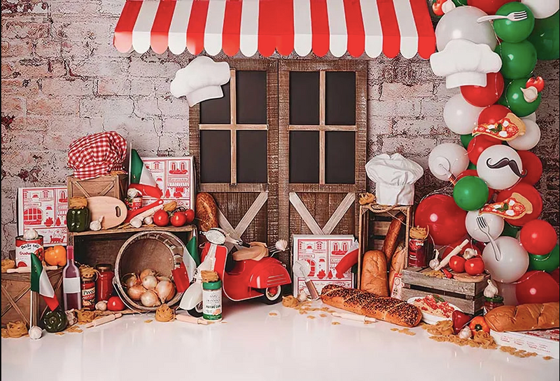 Photography Background Delicious Pizza Shop Food Chef Balloon Retro Brick Wall Child Family Party Backdrop Photo Studio