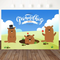 Custom Happy Groundhog Day Background Cartoon Blue Sky White Clouds Green Grassland Backdrop Decoration