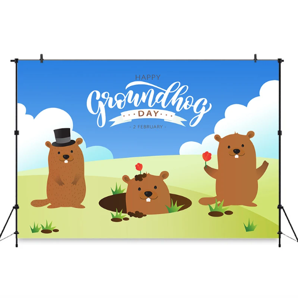 Custom Happy Groundhog Day Background Cartoon Blue Sky White Clouds Green Grassland Backdrop Decoration