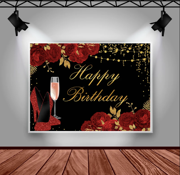 Custom Adult Happy Birthday Photography Background Champagne Rose Decoration Children's Portrait Photo Background Banner