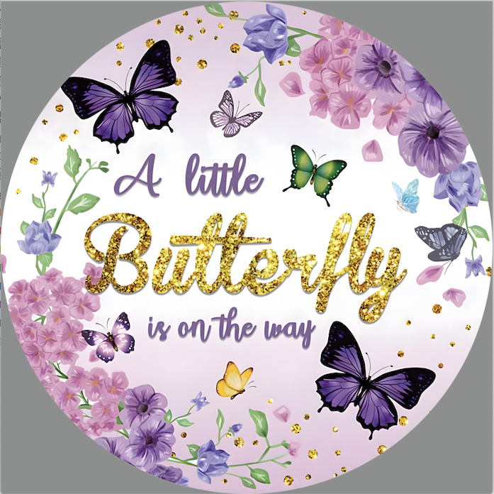 Personnaliser une toile de fond photo "Un petit papillon est en route" Housse de fond rond pour fête d'anniversaire d'enfant Housse de fond circulaire pour fête d'anniversaire