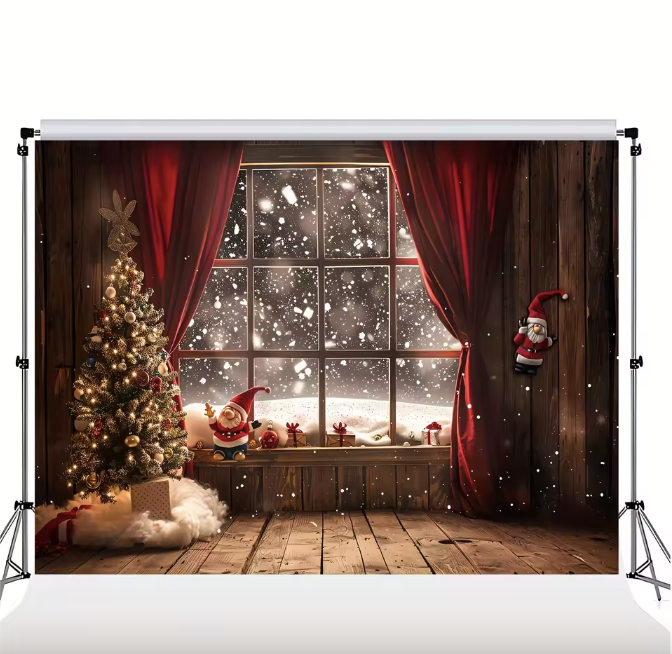 Custom Christmas tree and snow window background photography background Banner