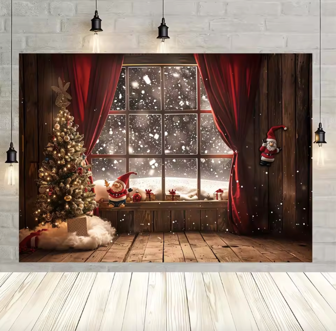 Custom Christmas tree and snow window background photography background Banner