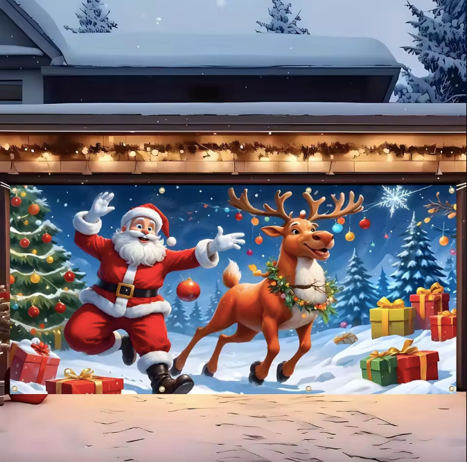 Custom Christmas Garage Door Banner Winter Snow Background Santa Claus and Reindeer Christmas Tree Gifts Photo Backdrop