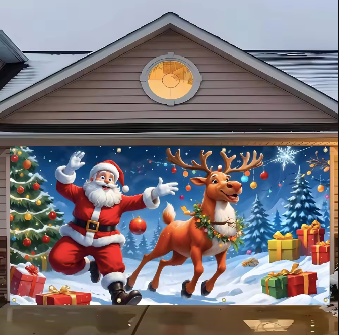 Custom Christmas Garage Door Banner Winter Snow Background Santa Claus and Reindeer Christmas Tree Gifts Photo Backdrop