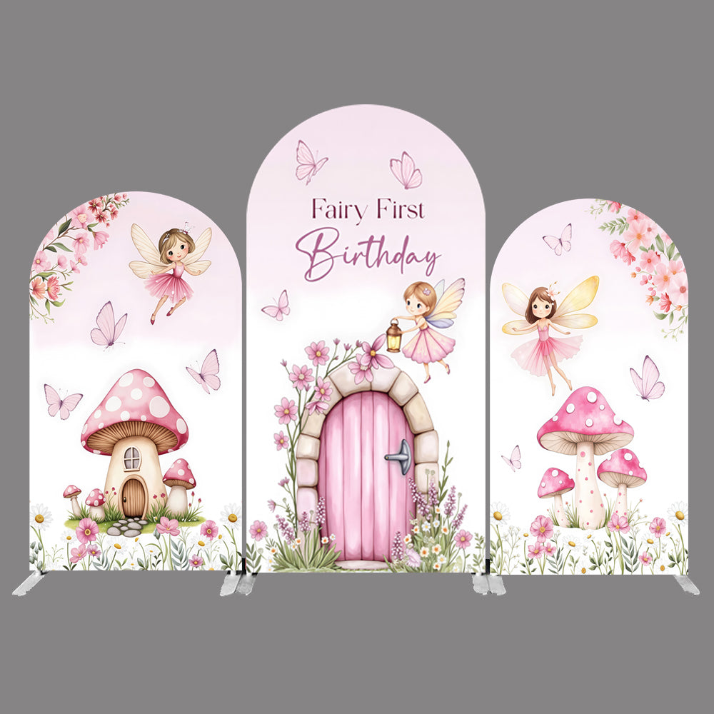 Custom Butterfly Mushroom Photo Backdrop Cover Pink Girls Birthday Party Arch Double Sides Elastic Covers