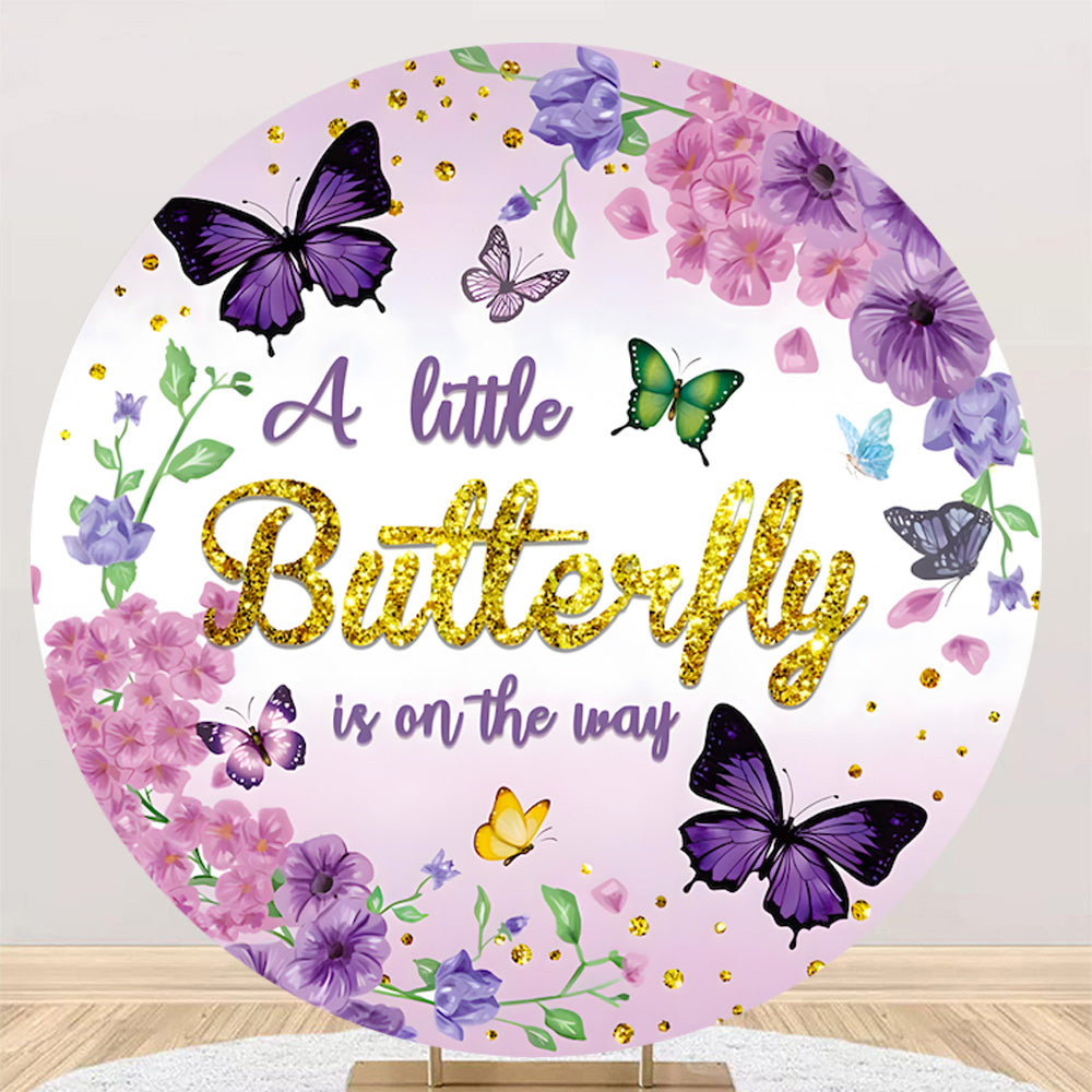 Personnaliser une toile de fond photo "Un petit papillon est en route" Housse de fond rond pour fête d'anniversaire d'enfant Housse de fond circulaire pour fête d'anniversaire