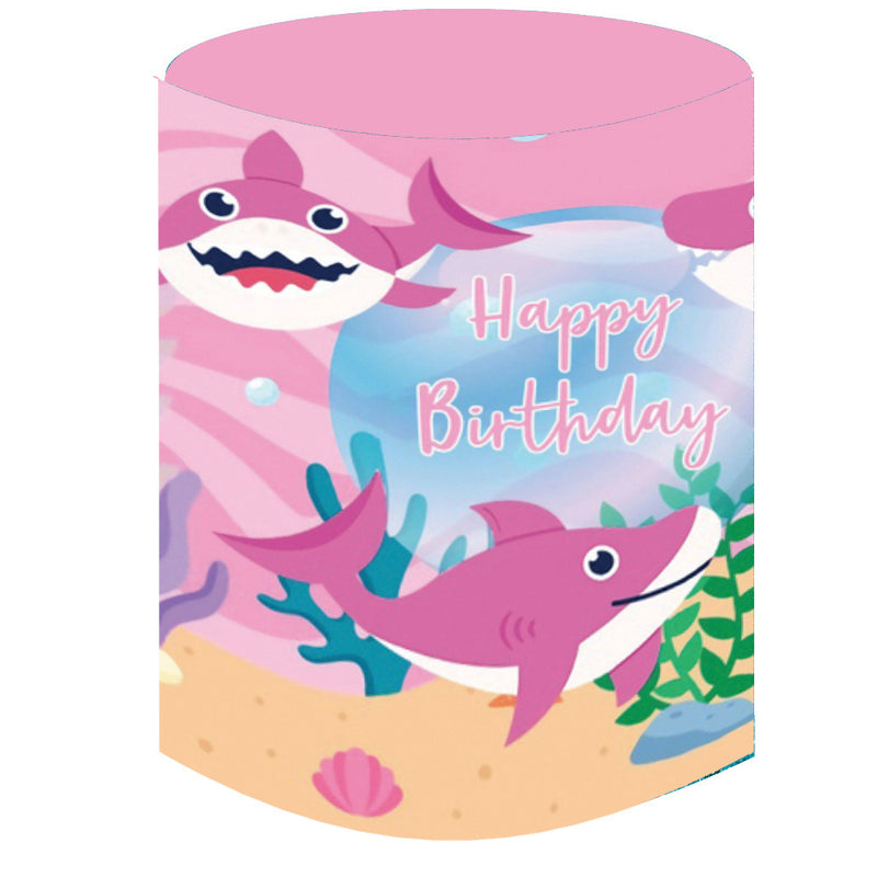 Customize Shark Round Backdrop Pink Ocean Underwater Fish Girls Birthday Party Circle Background Cylinder Plinth Covers