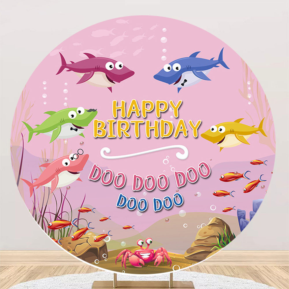 Customize Shark Round Backdrop Pink Ocean Underwater Fish Girls Birthday Party Circle Background Cylinder Plinth Covers