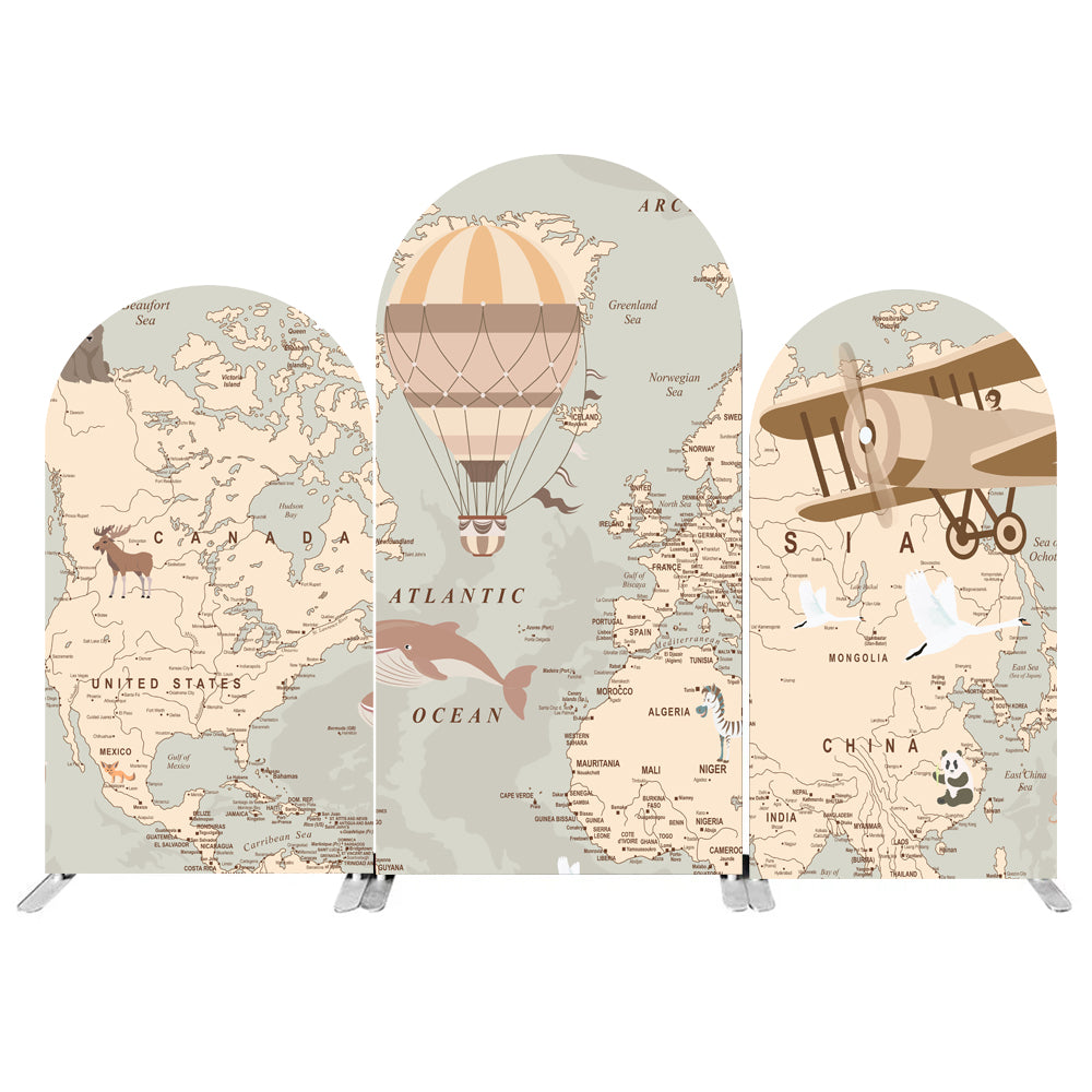 Custom World Map Photo Backdrop Cover Around the World Travel Arch Double Side Elastic Covers