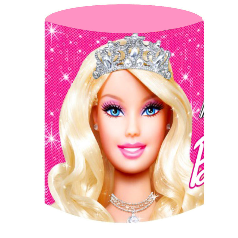 Arrière-plan rond rose personnalisé Barbie, couverture de fond circulaire pour fête d'anniversaire, couverture de plinthe cylindrique 