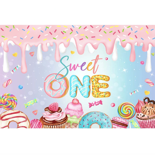 Custom Sweet One Year Birthday Party Decorations Newborn Shower Donut Cake Table Banner Studio Photography Background