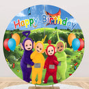 Personaliza las cubiertas de fondo circulares de la fiesta de cumpleaños de los niños del telón de fondo redondo de los Teletubbies 