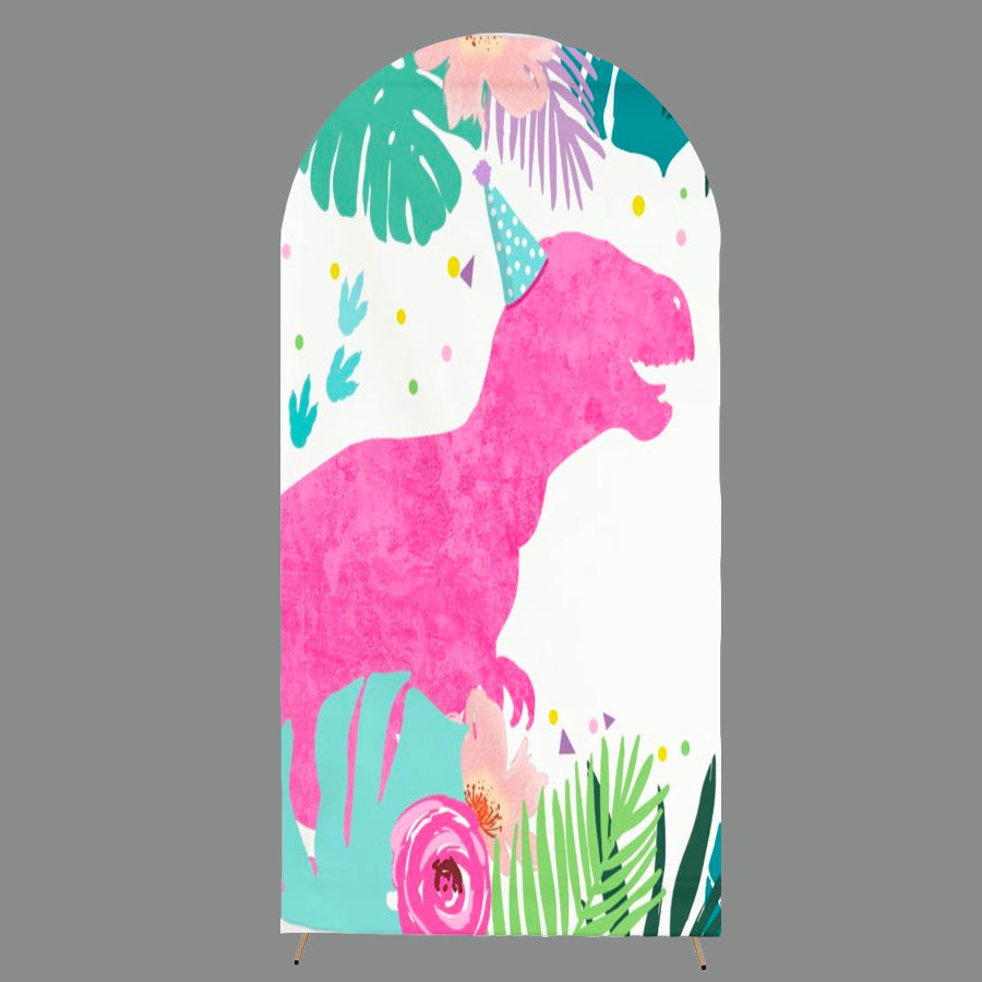 Fondo de foto de fiesta de cumpleaños de dinosaurio rosa personalizado, cubierta de fondo de tema Chiara de arco de cumpleaños, fundas elásticas de doble cara