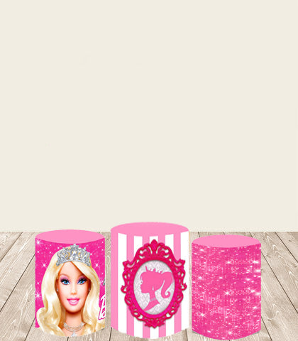 Customize Barbie Round Backdrops Pink Birthday Party Circle Background Birthday Covers Cylinder Plinth Covers
