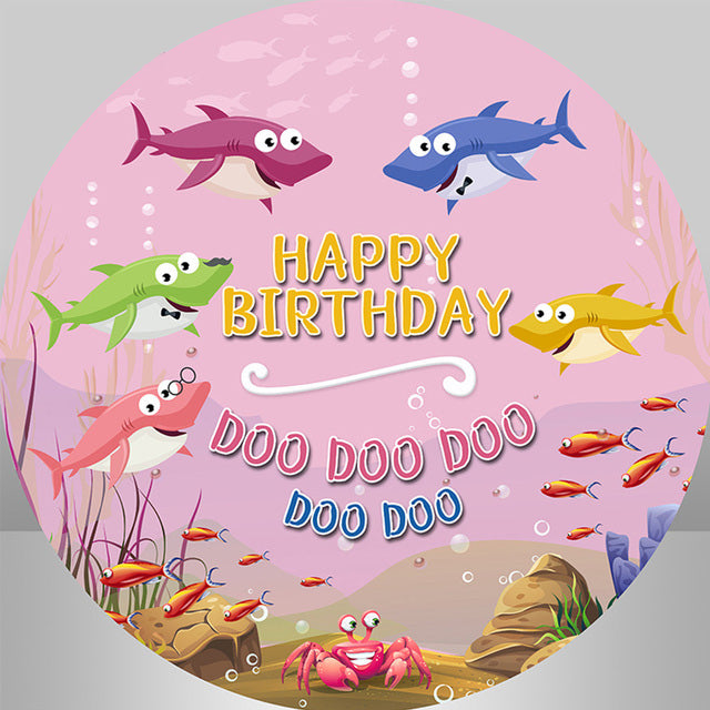 Customize Shark Round Backdrop Pink Ocean Underwater Fish Girls Birthday Party Circle Background Cylinder Plinth Covers