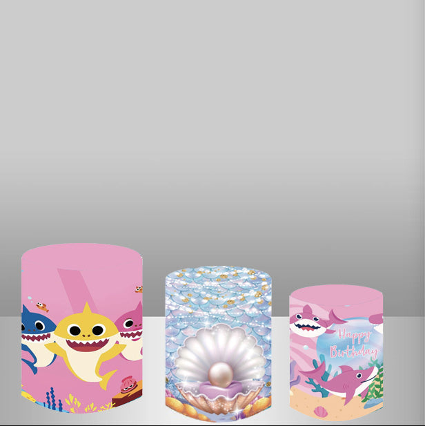 Customize Shark Round Backdrop Pink Ocean Underwater Fish Girls Birthday Party Circle Background Cylinder Plinth Covers
