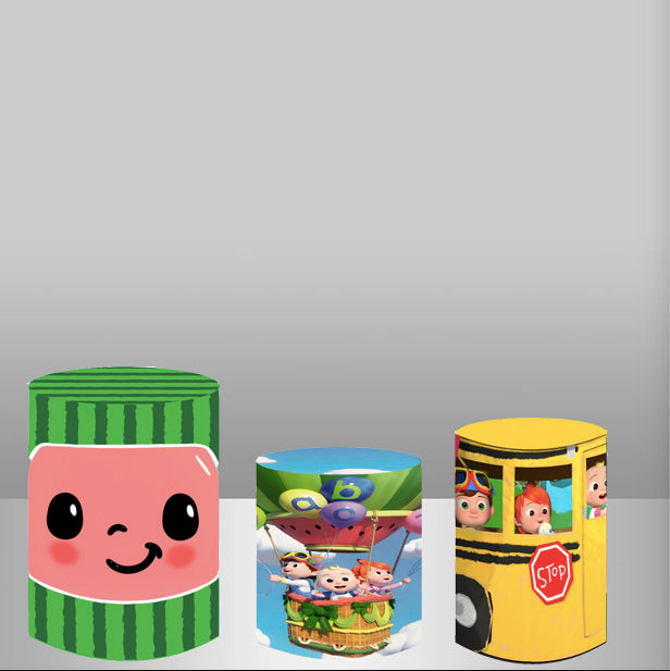 Customize Cocomelon Round Backdrop Cocomelon School Bus Kids Photo Circle Background Cylinder Plinth Covers