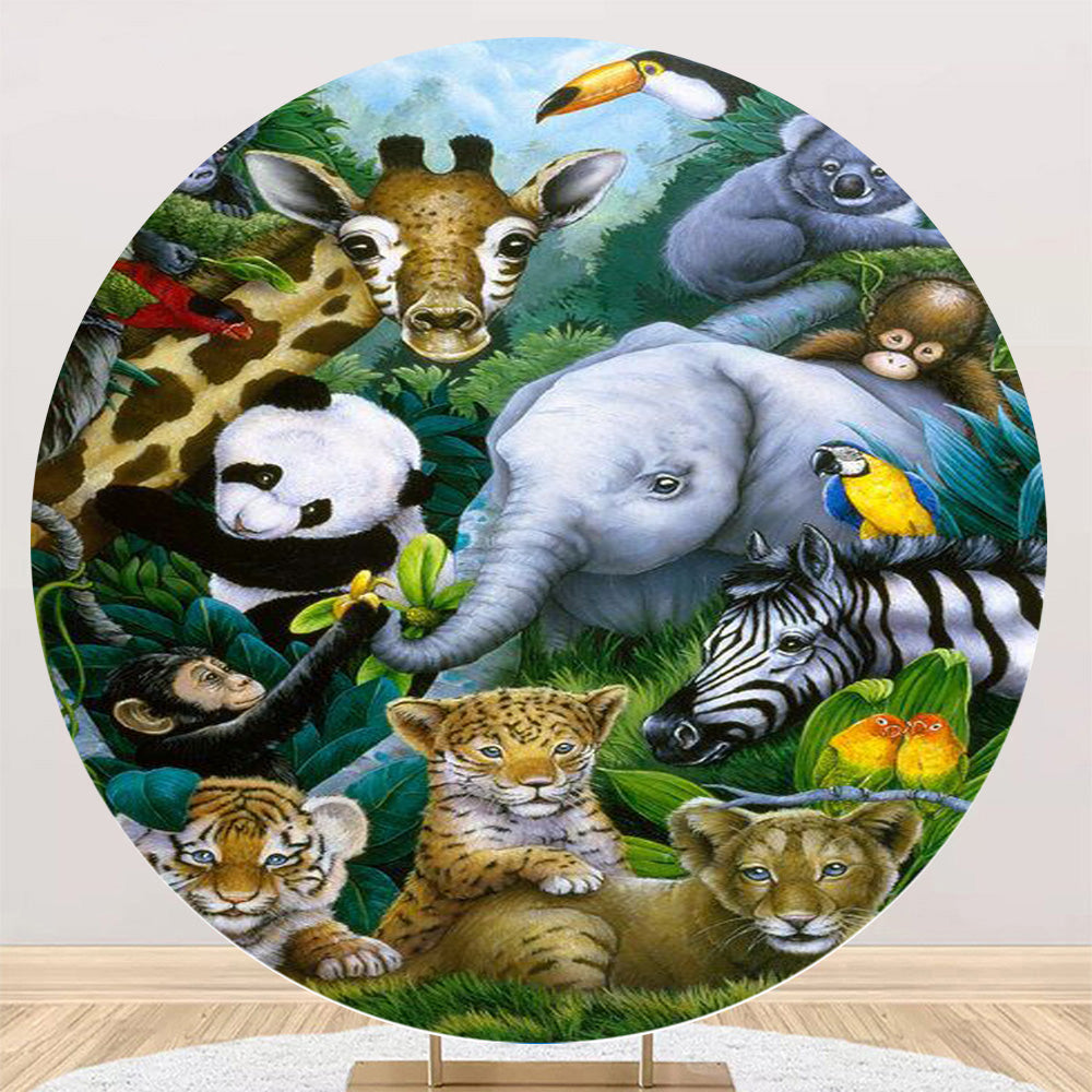 Funda de telón de fondo de fotos de animales personalizada, funda de telón de fondo redondo para fiesta de cumpleaños, funda de fondo de círculo