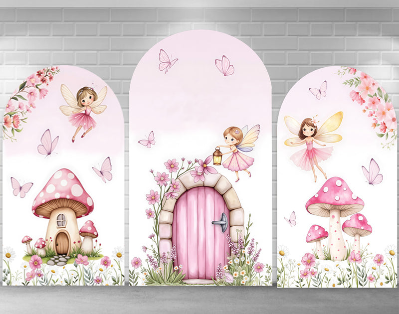 Customize Size Butterfly Mushroom Photo Background Pink Girls Birthday Party Cover Theme Arch Background Double Side Elastic Covers