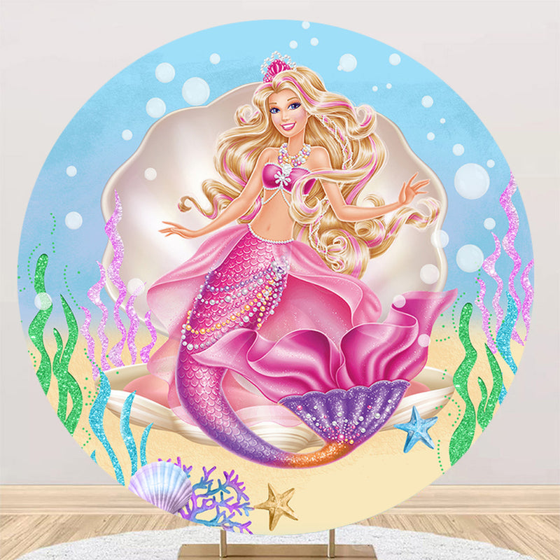 Custom Mermaid Round Backdrops Pink Birthday Party Circle Background Birthday Covers Cylinder Plinth Covers