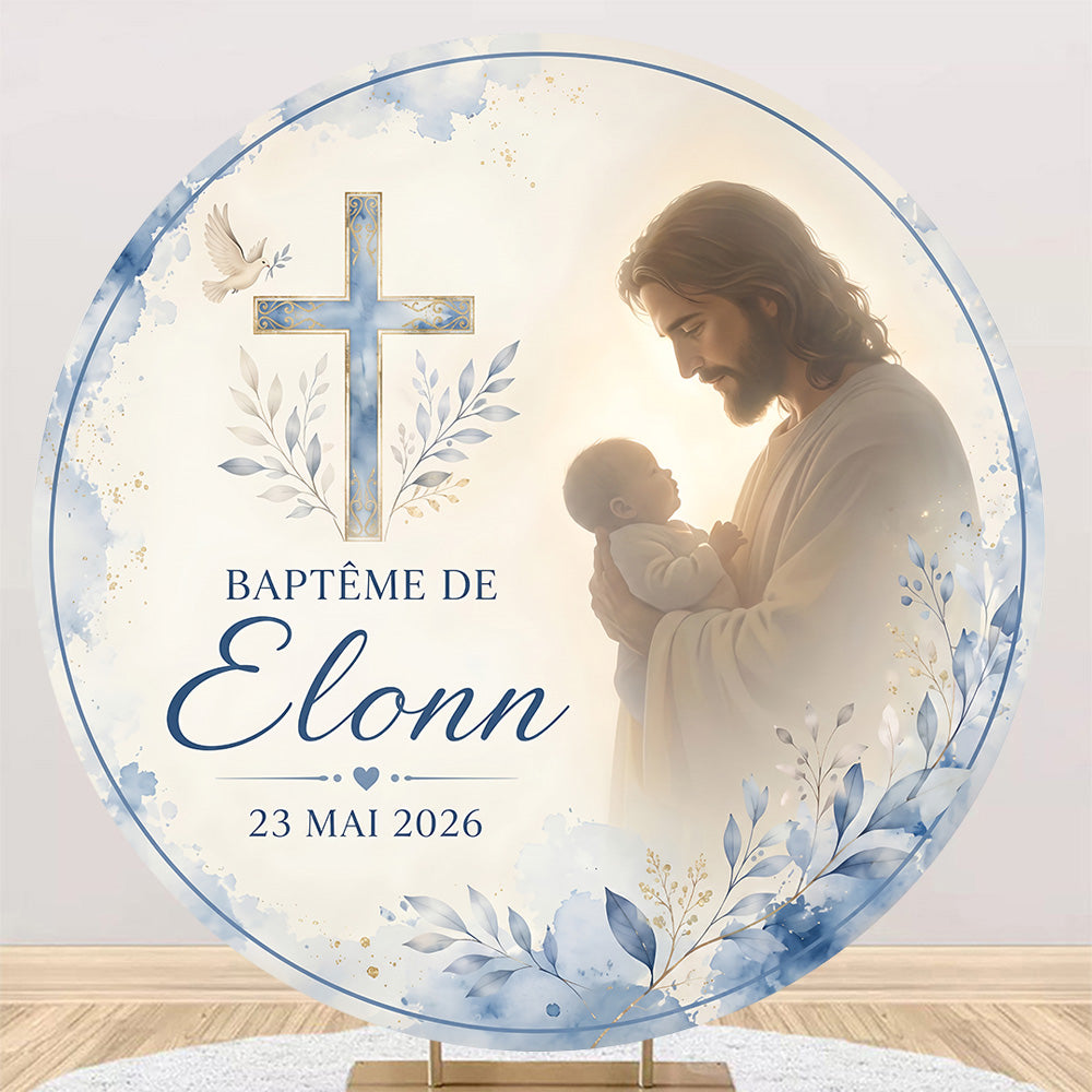 Custom Name Date Baptism Round Photo Backdrop Cover Cross Baby Shower Circle Background